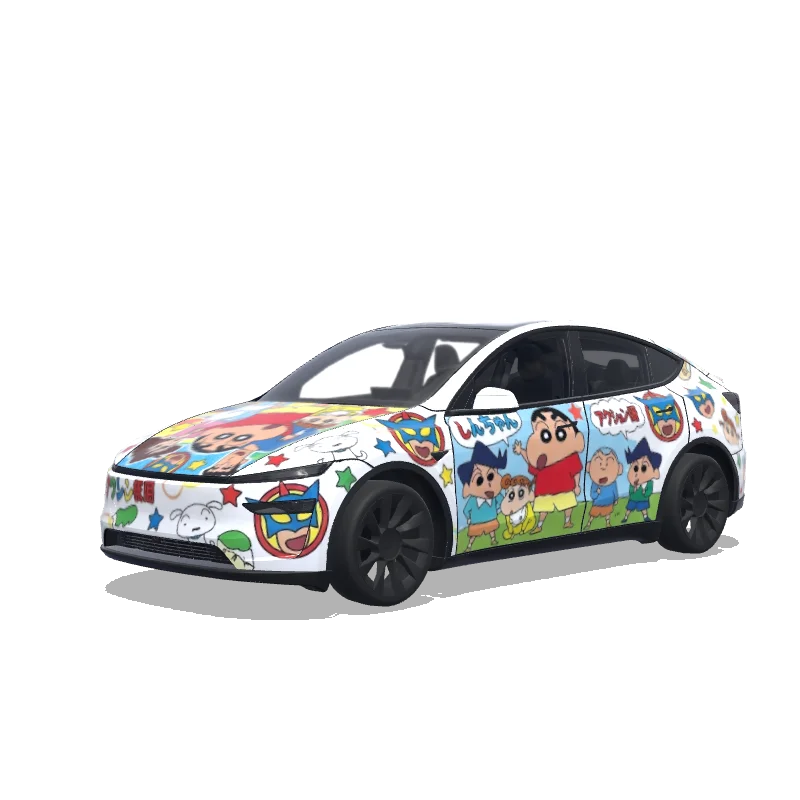 Tesla Model Y (2025+) with a Crayon Shin-chan cartoon style wrap, 3D preview