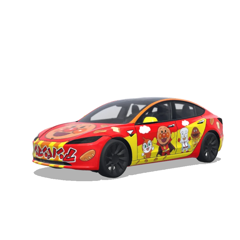 Tesla Model 3 (2024+) with a アンパンマン号 wrap, 3D preview