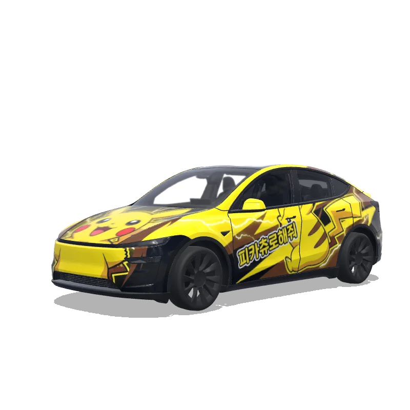Tesla Model Y (2025+) with a 피카츄로해줘 wrap, 3D preview
